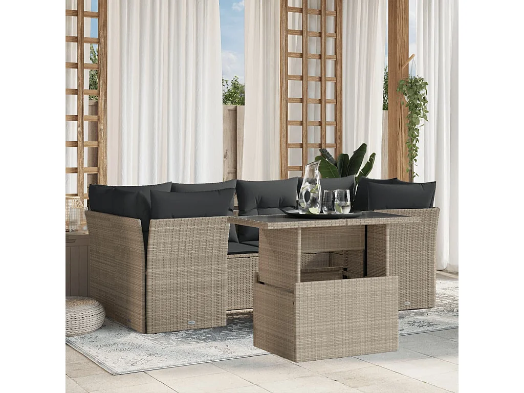 Salon de jardin avec coussins 7 pièces gris clair résine tressée