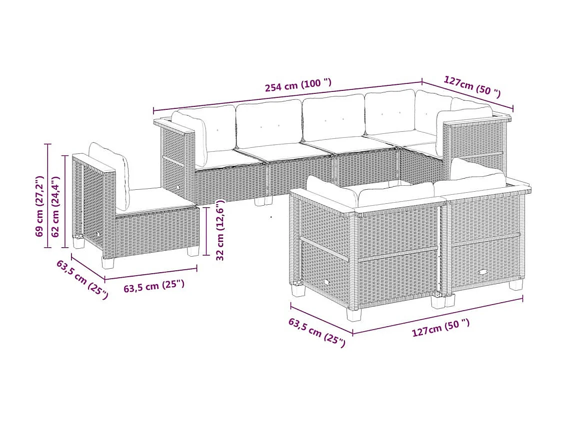 Salon de jardin 8 pièces avec coussins noir résine tressée