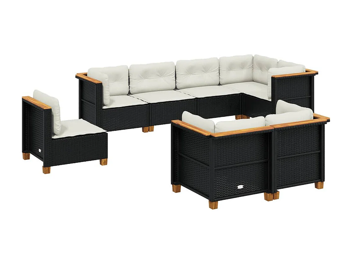 Salon de jardin 8 pièces avec coussins noir résine tressée