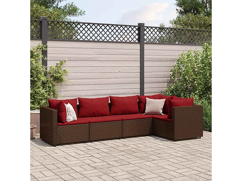 5 peças conjunto lounge jardim com almofadões vime PE castanho