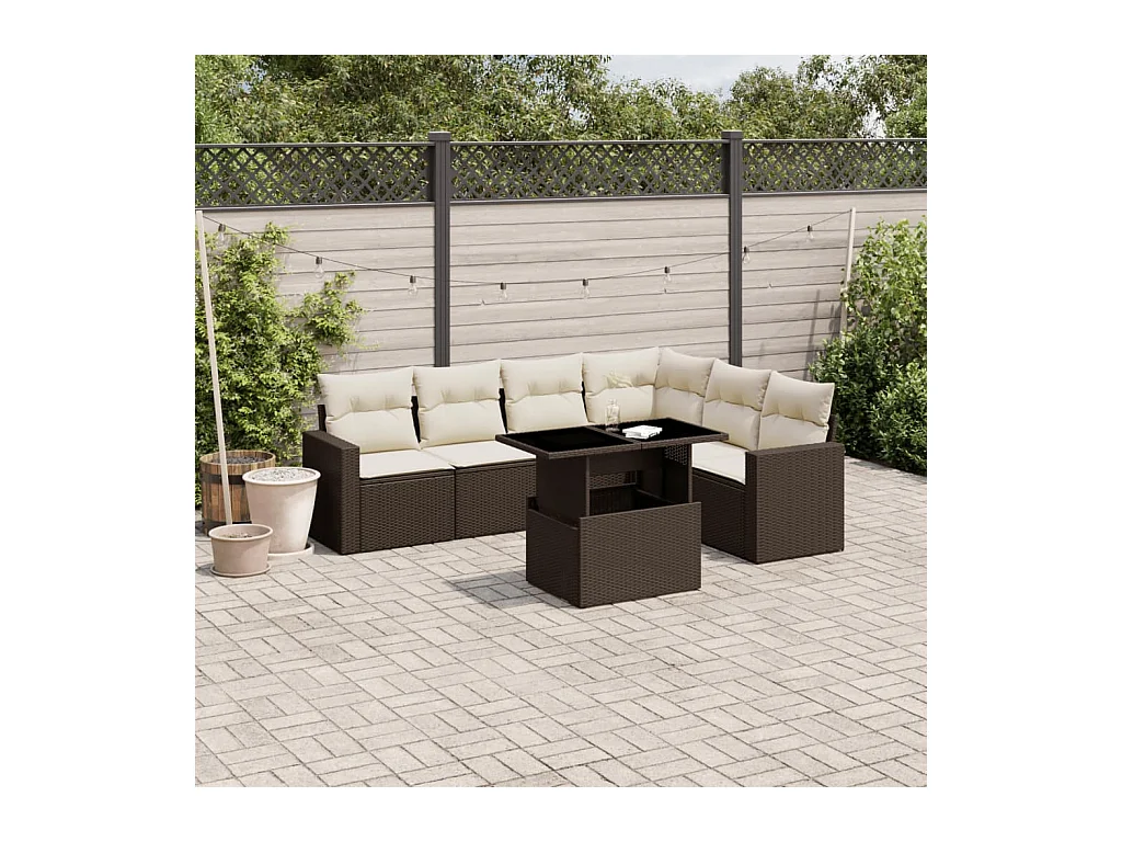 Salon de jardin avec coussins 7 pièces marron résine tressée