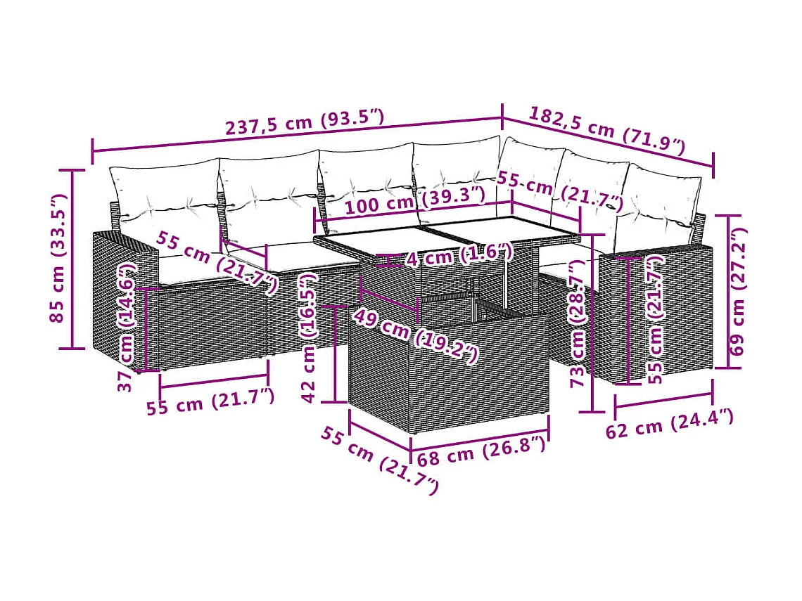 Juego de sofás de jardín 7 piezas con cojines ratán PE marrón