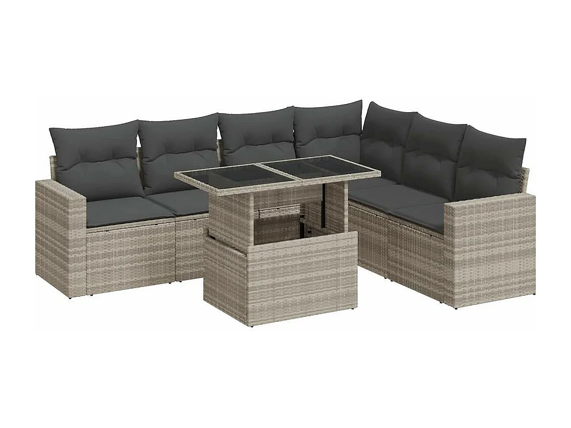 Set de sofás de jardín 7 piezas con cojines ratán PE gris claro