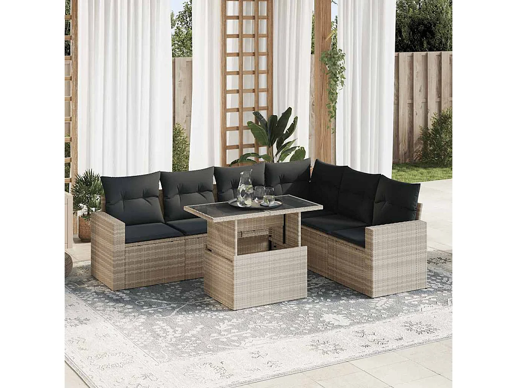 Salon de jardin avec coussins 7 pièces gris clair résine tressée