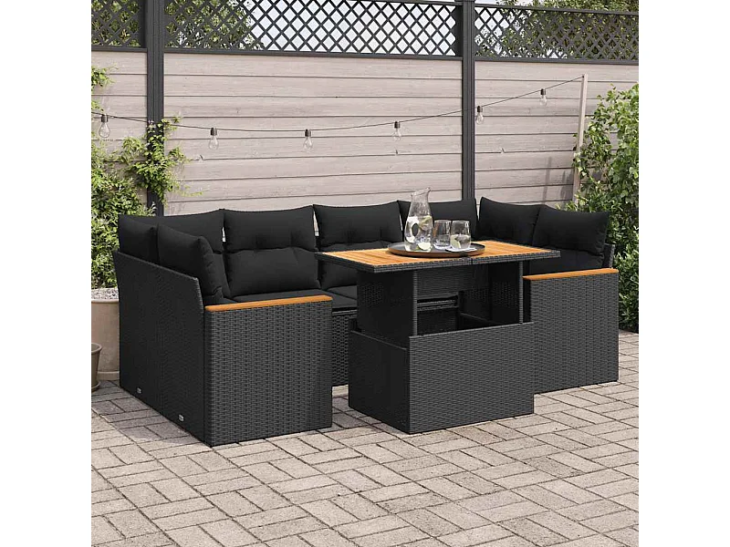 6 peças conjunto sofás jardim com almofadões vime PE/acácia preto