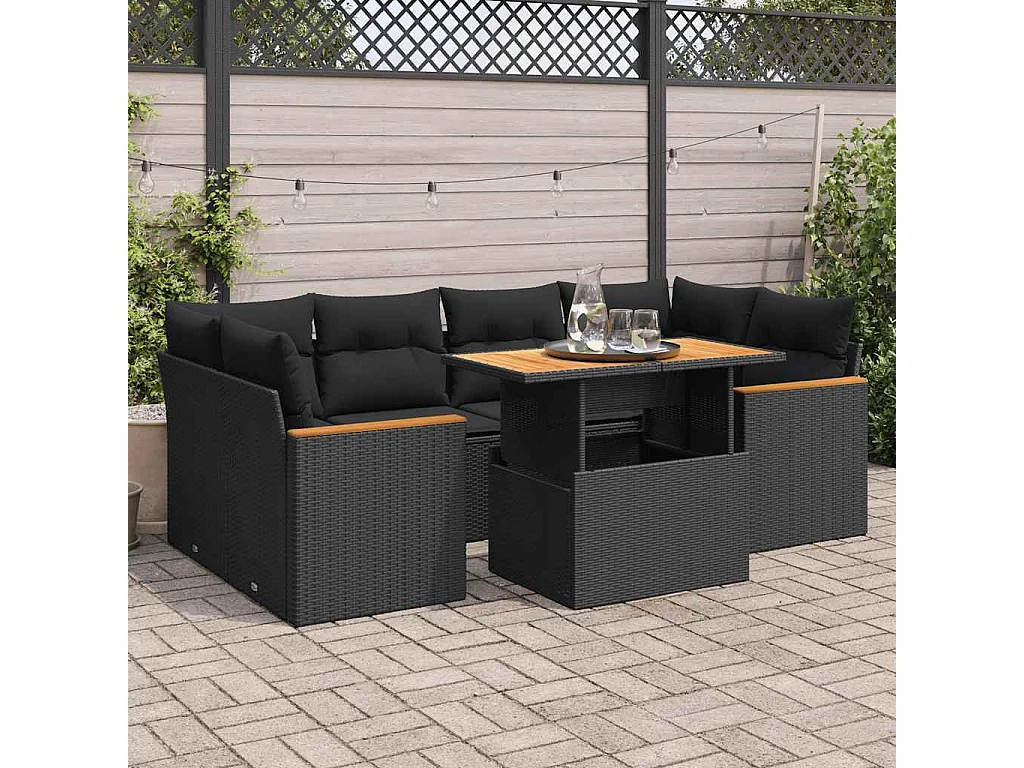 Salon de jardin 6 pièces avec coussins noir résine tressée acacia