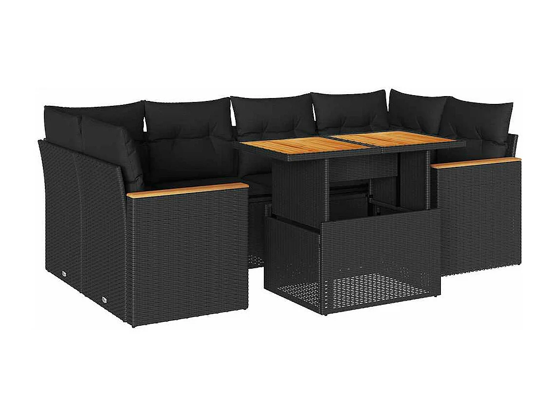 Salon de jardin 6 pièces avec coussins noir résine tressée acacia