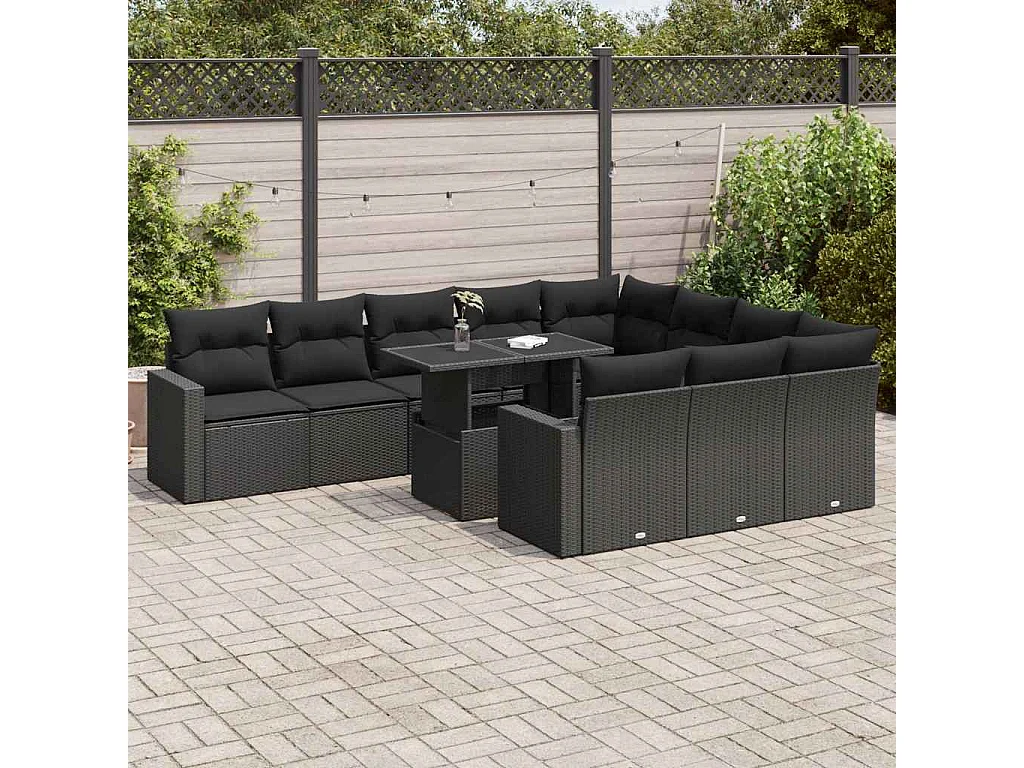Salon de jardin 11 pièces avec coussins noir résine tressée