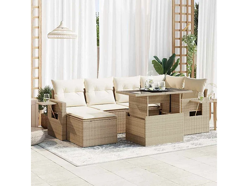 7-delige Loungeset met kussens poly rattan beige