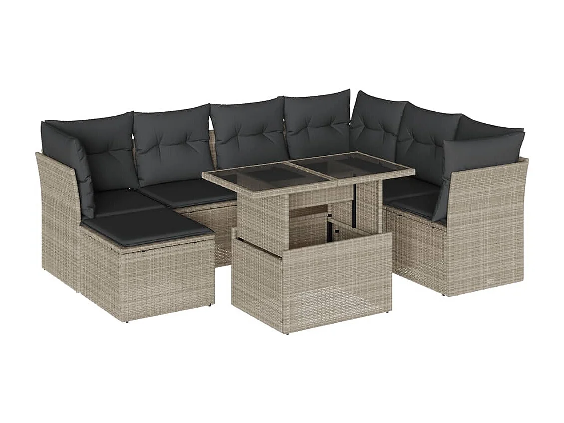 Salon de jardin 8 pièces avec coussins gris clair résine tressée