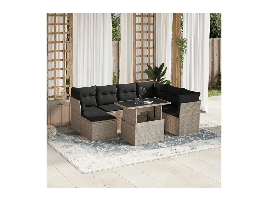Set de sofás de jardín 8 piezas y cojines ratán sintético gris