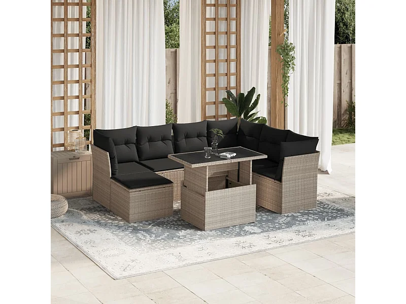 Salon de jardin 8 pièces avec coussins gris clair résine tressée