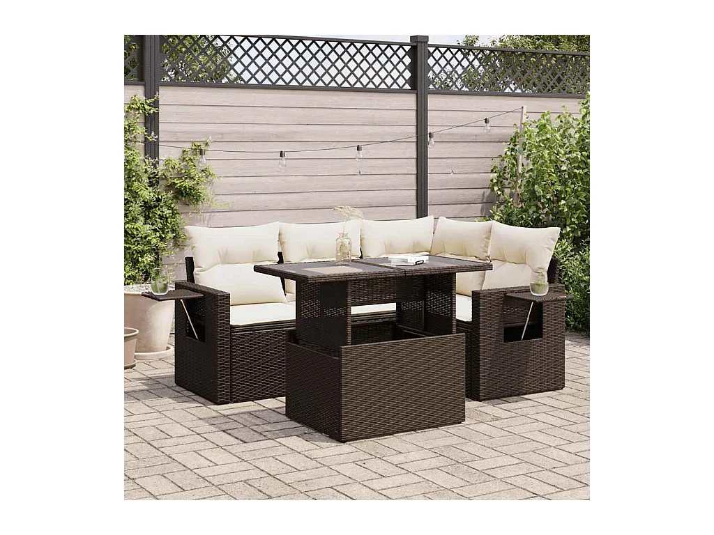 5-delige Loungeset met kussens poly rattan bruin