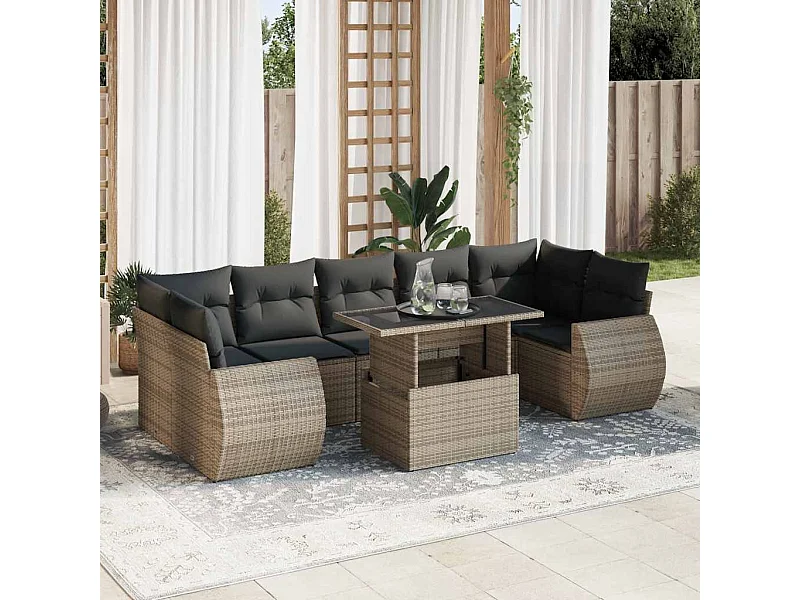 8-delige Loungeset met kussens poly rattan grijs