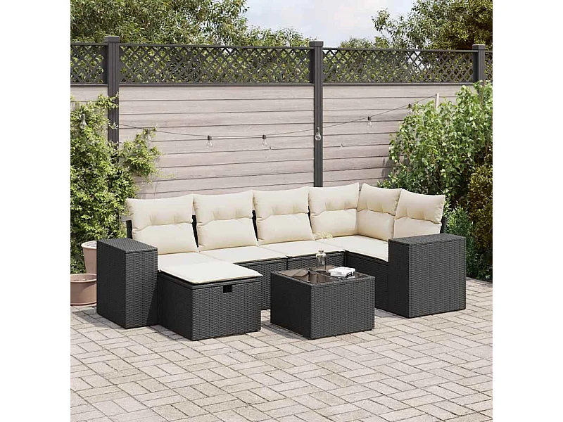 7-delige Loungeset met kussens poly rattan zwart