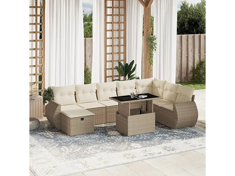 Salon de jardin avec coussins 9 pièces beige résine tressée