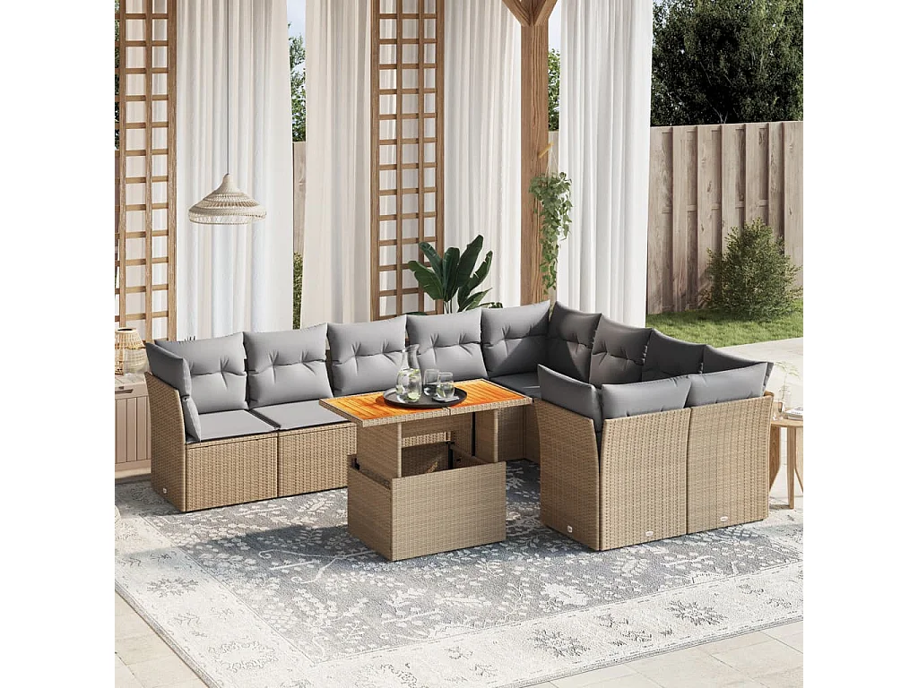Salon de jardin avec coussins 10 pièces beige résine tressée