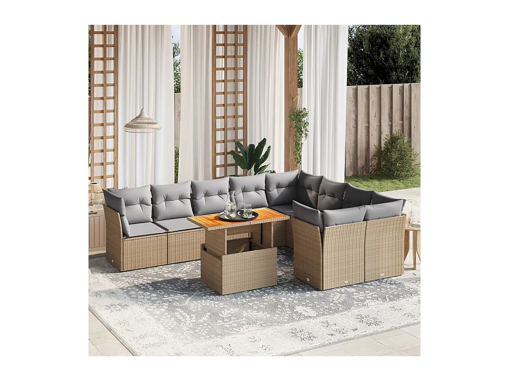 Salon de jardin avec coussins 10 pièces beige résine tressée