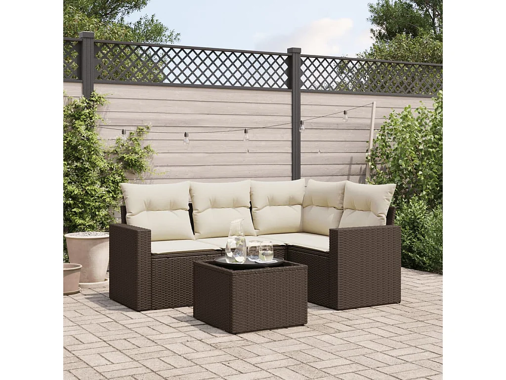 5-delige Loungeset met kussens poly rattan bruin