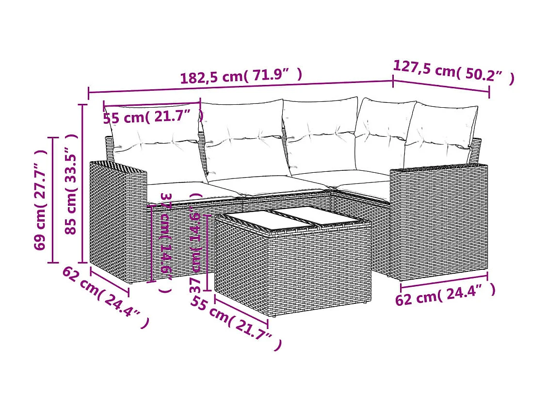 5-delige Loungeset met kussens poly rattan bruin