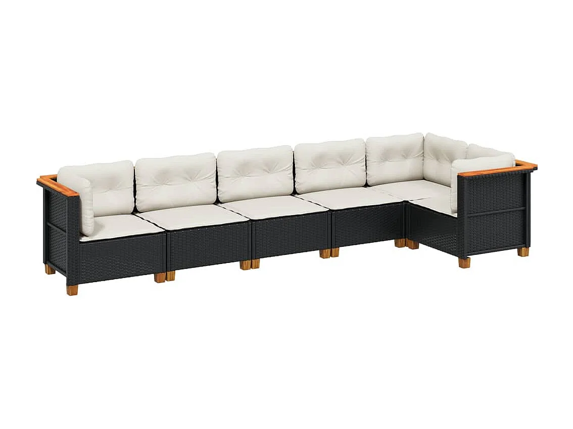6-delige Loungeset met kussens poly rattan zwart