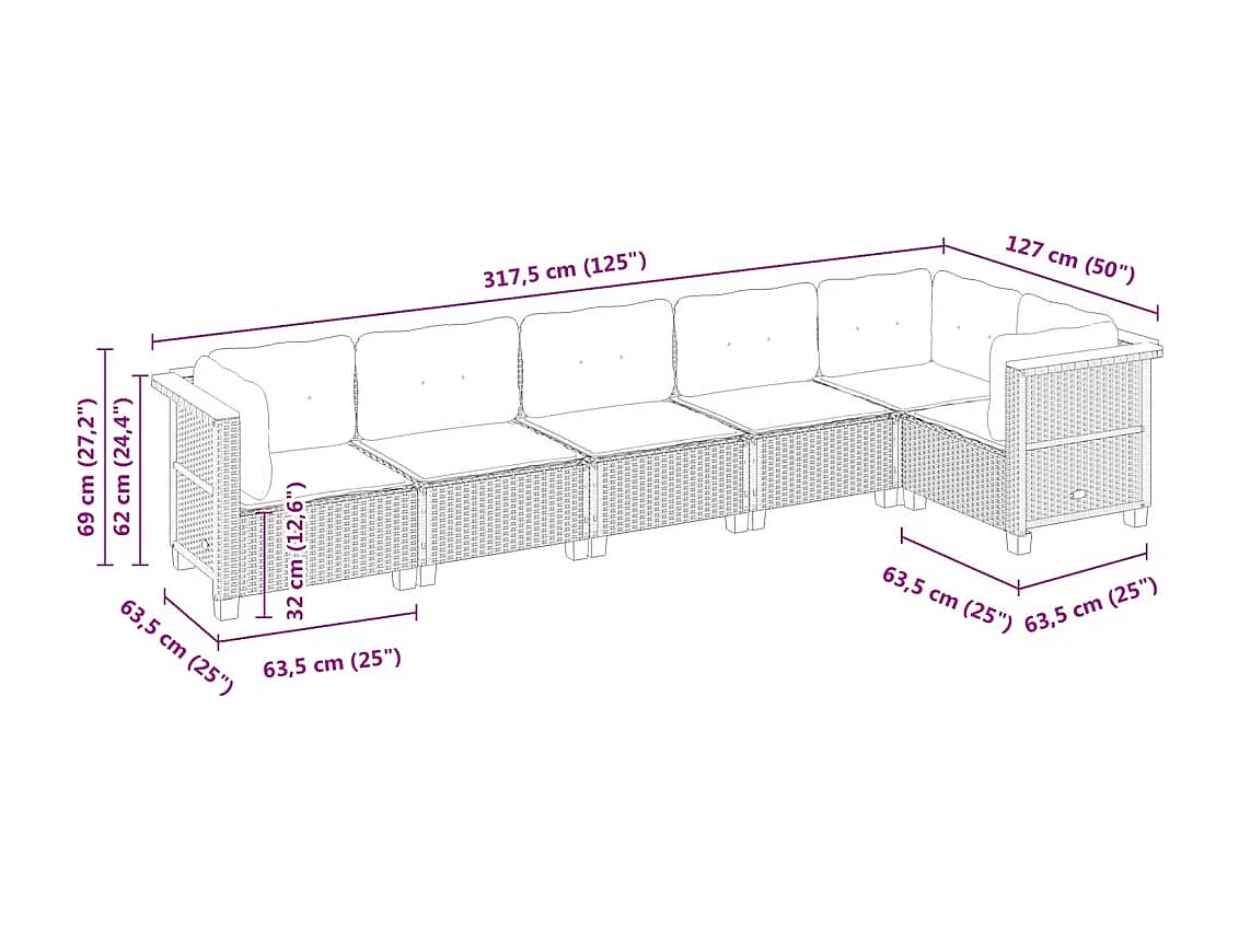 6-delige Loungeset met kussens poly rattan zwart