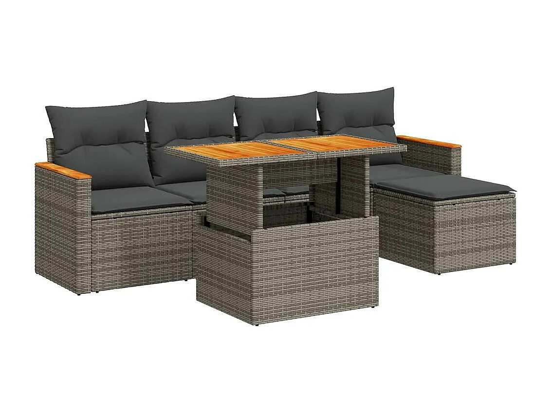 6-delige Loungeset met kussens poly rattan acacia grijs