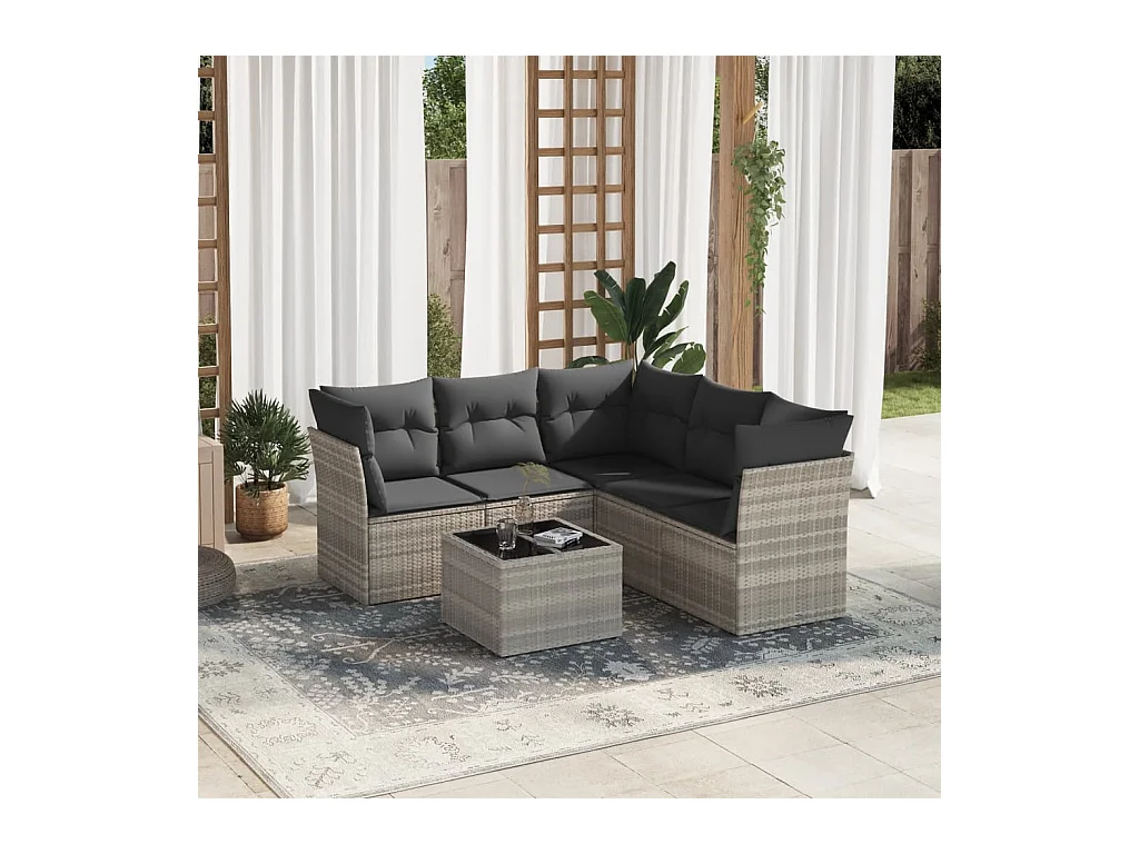 Set de sofás de jardín 6 piezas y cojines ratán sintético gris