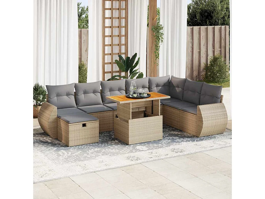 Set sofás jardín y cojines 9 piezas ratán sintético acacia beige