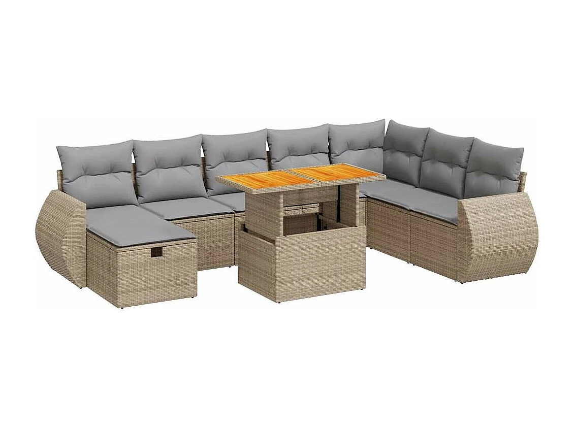 Set sofás jardín y cojines 9 piezas ratán sintético acacia beige