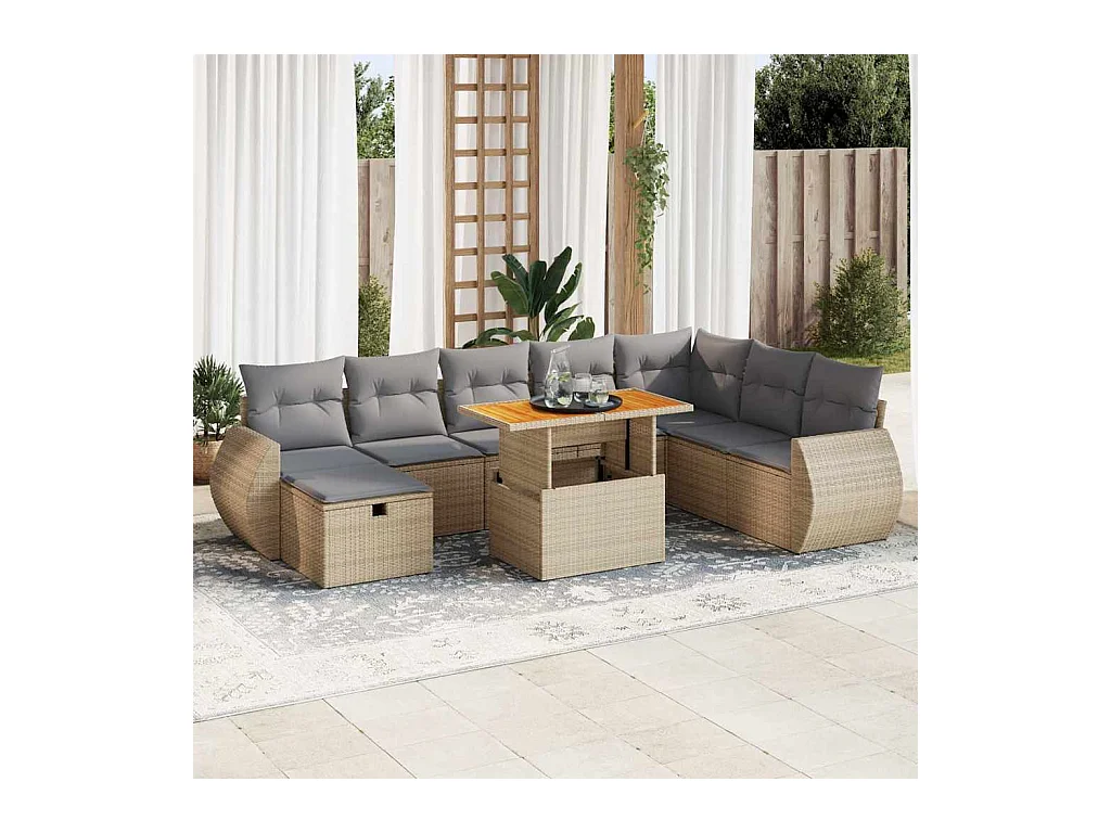 Salon de jardin avec coussins 9 pièces beige résine tressée acacia