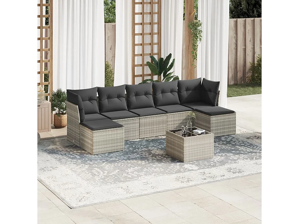 Salon de jardin 8 pièces avec coussins gris clair résine tressée
