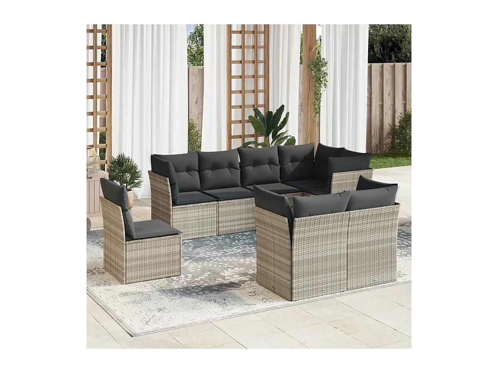 Salon de jardin 8 pièces avec coussins gris clair résine tressée