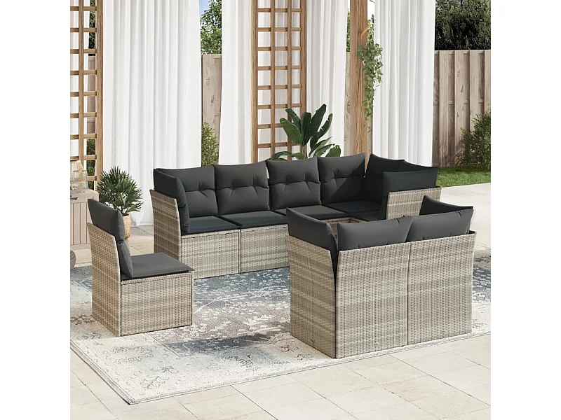 Salon de jardin 8 pièces avec coussins gris clair résine tressée