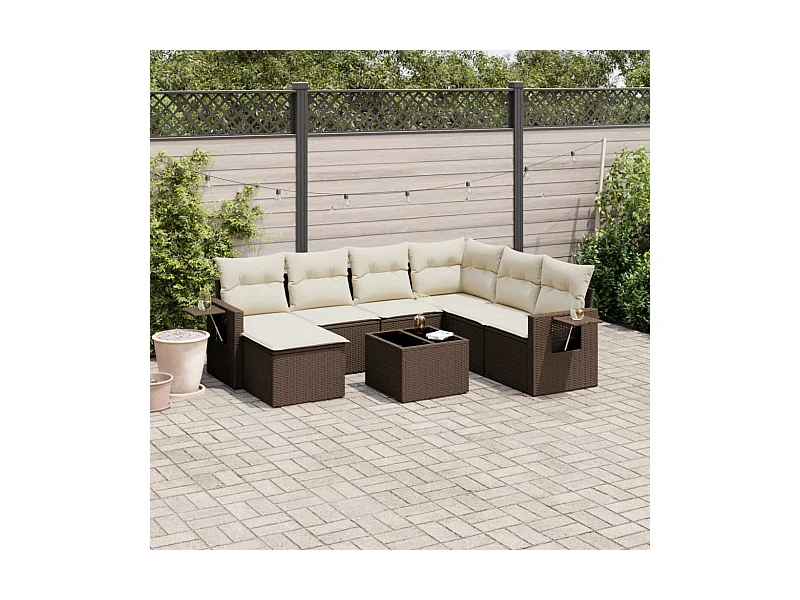 Salon de jardin 8 pièces avec coussins marron résine tressée