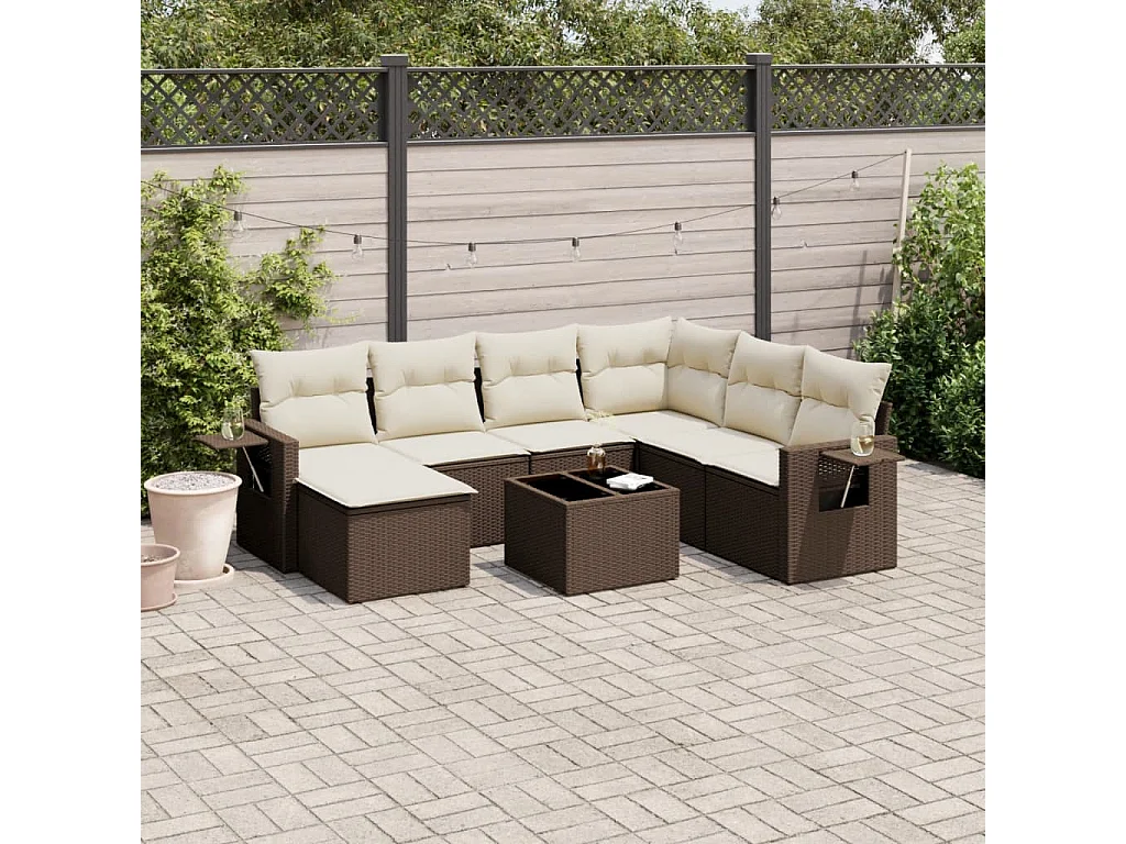Salon de jardin 8 pièces avec coussins marron résine tressée