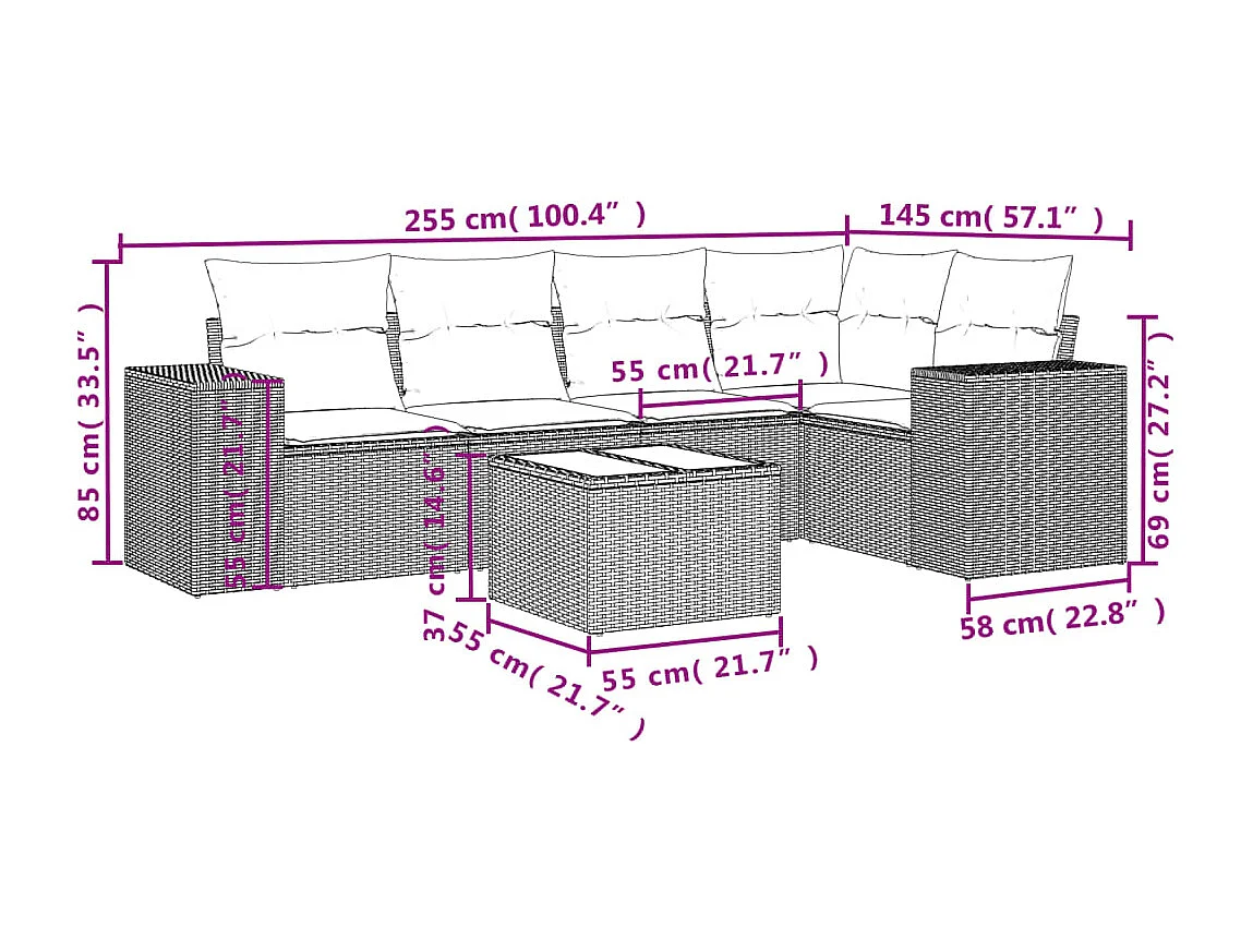Set sofás de jardín 6 piezas y cojines ratán sintético marrón
