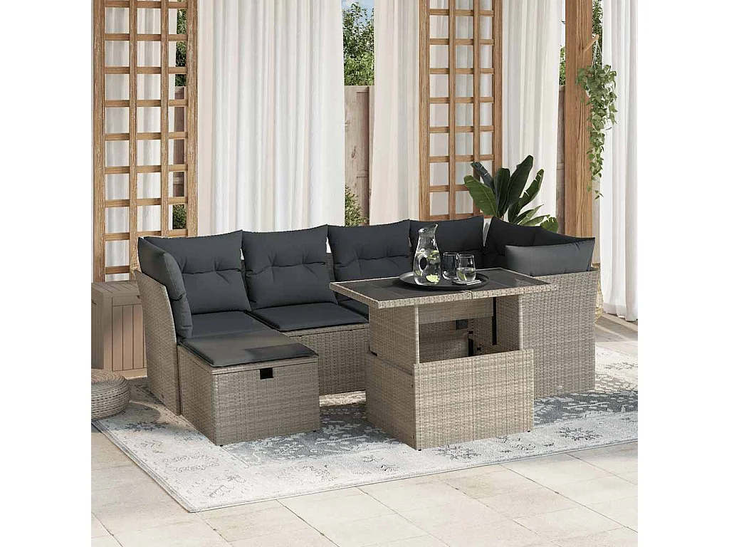 Set de sofás de jardín 7 piezas con cojines ratán PE gris claro