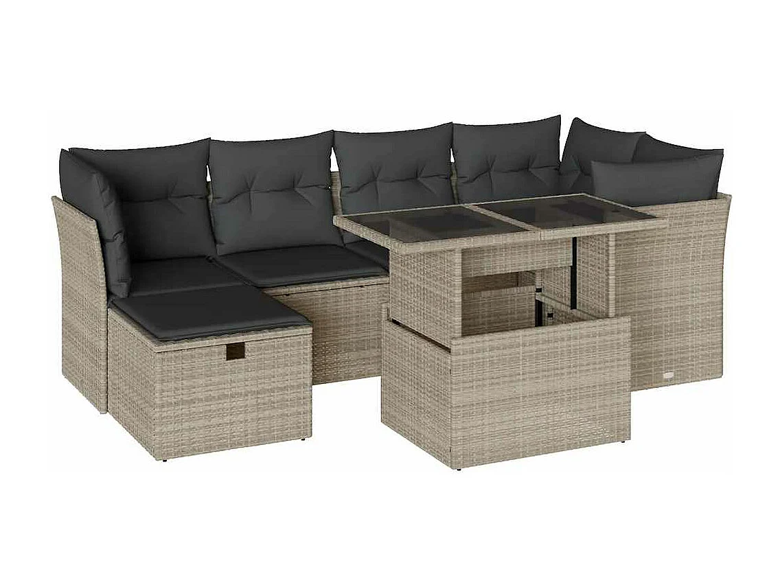 Set de sofás de jardín 7 piezas con cojines ratán PE gris claro