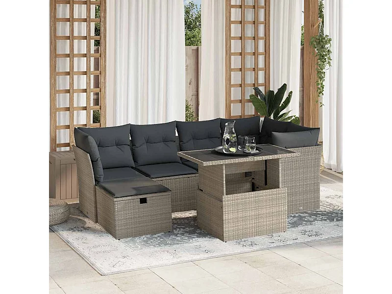 Salon de jardin avec coussins 7 pièces gris clair résine tressée