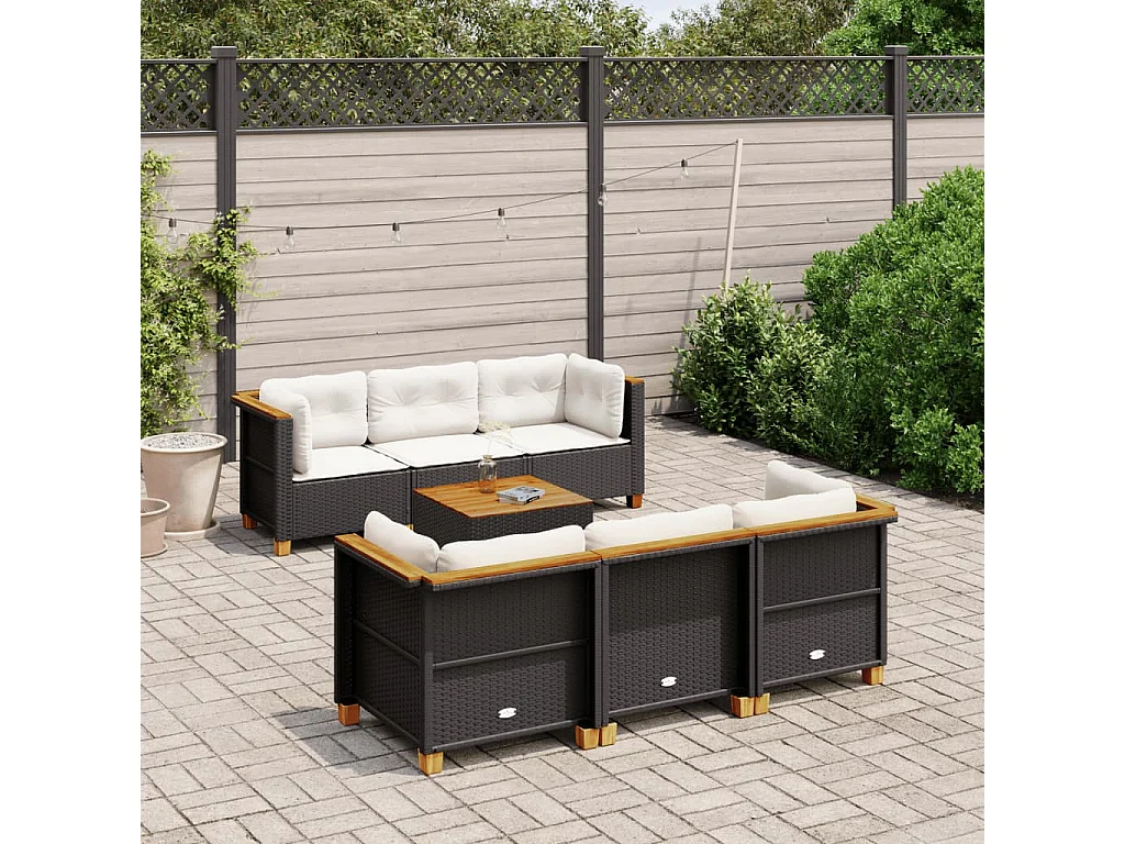 7-delige Loungeset met kussens poly rattan zwart