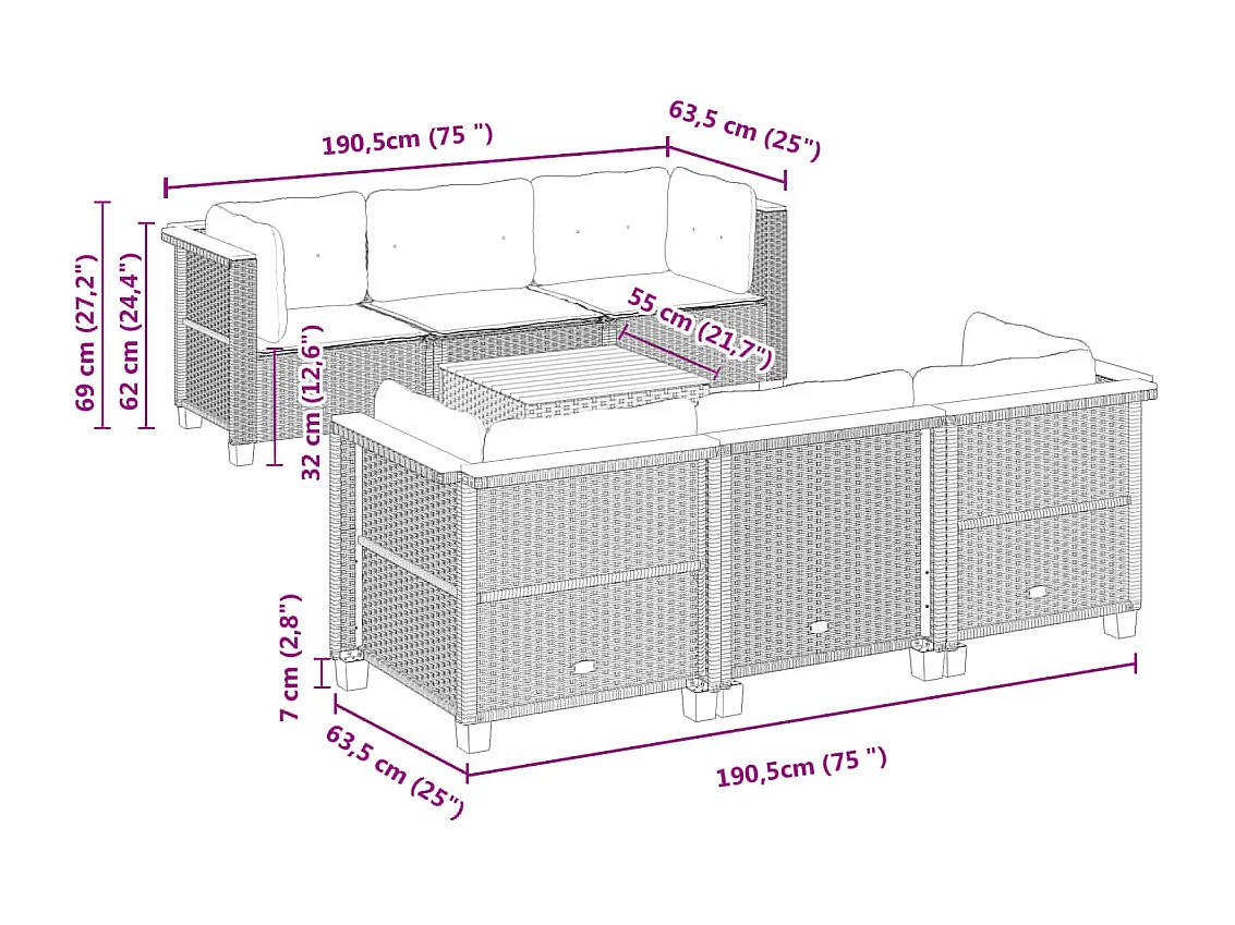 7-delige Loungeset met kussens poly rattan zwart