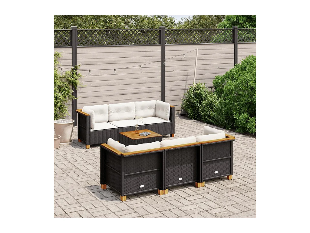 Salon de jardin 7 pièces avec coussins noir résine tressée