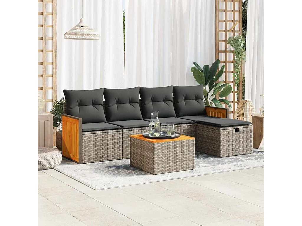 6-delige Loungeset met kussens poly rattan grijs