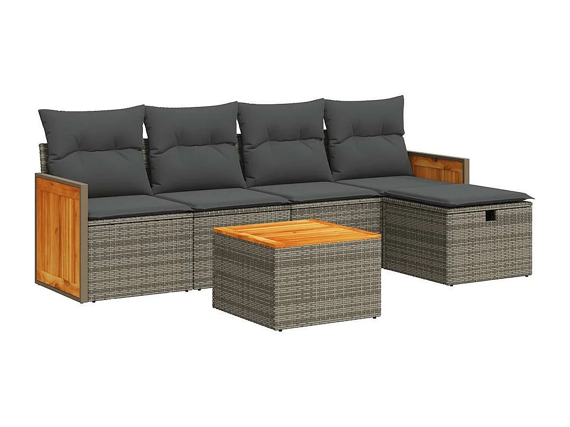 6-delige Loungeset met kussens poly rattan grijs