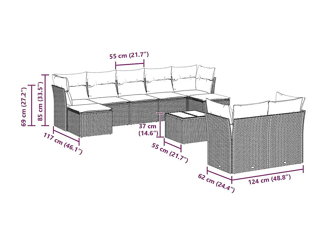 10 peças conj. sofás jardim com almofadões vime PE cinzento-claro