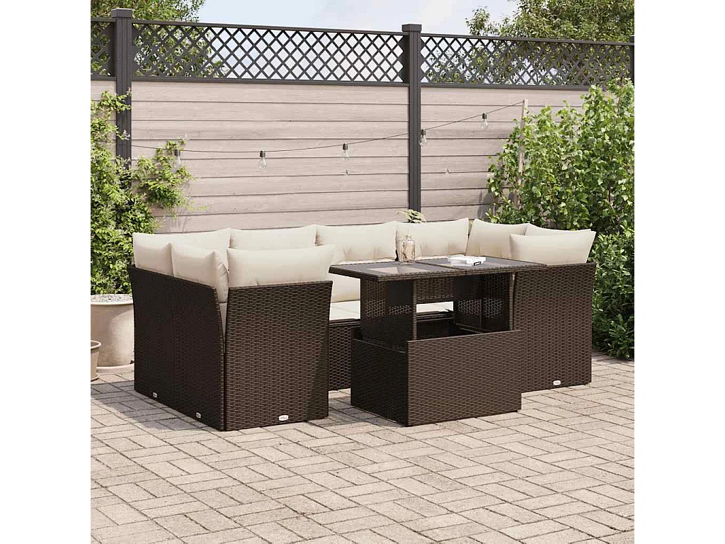 7-delige Loungeset met kussens poly rattan bruin