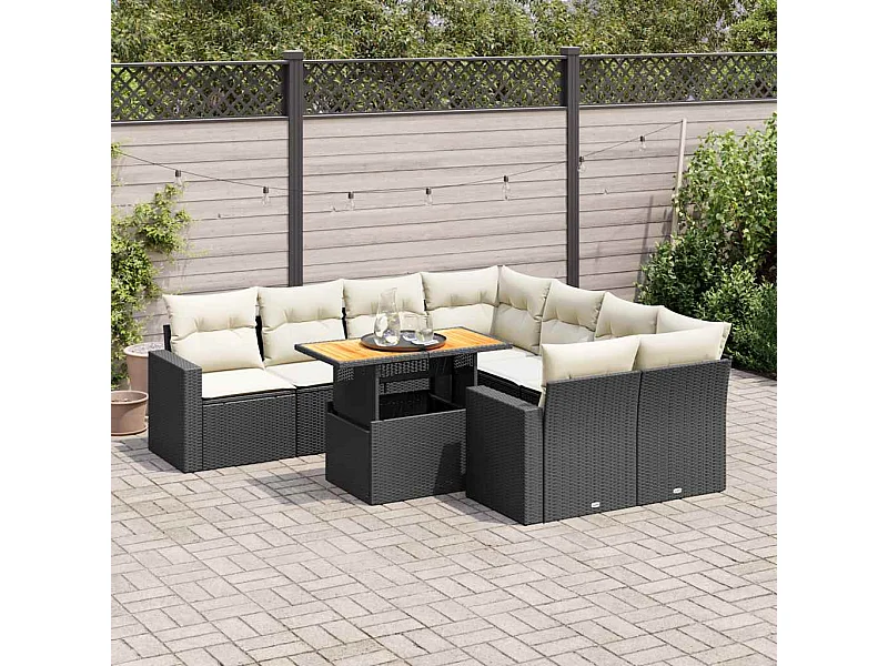 Salon de jardin 9 pièces avec coussins noir résine tressée
