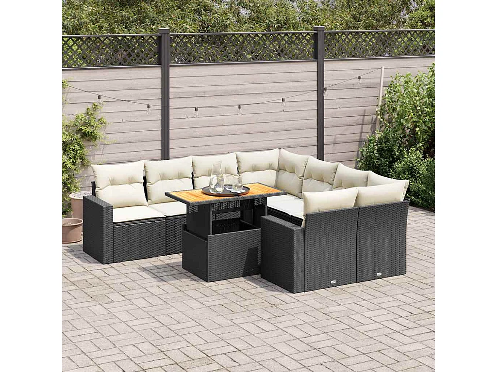 Set de sofás de jardín con cojines 9 piezas ratán sintético negro
