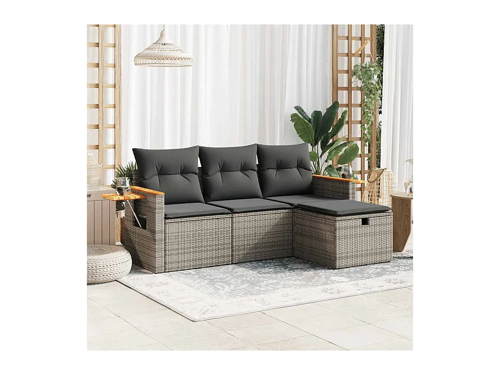 4-delige Loungeset met kussens poly rattan grijs